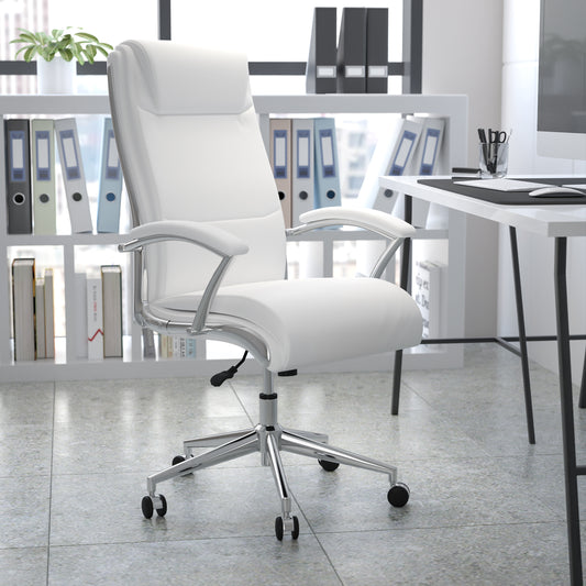 Rebecca High Back Designer White LeatherSoft Smooth Upholstered Executive Swivel Office Chair with Chrome Base and Arms White GO-2192-WH-GG