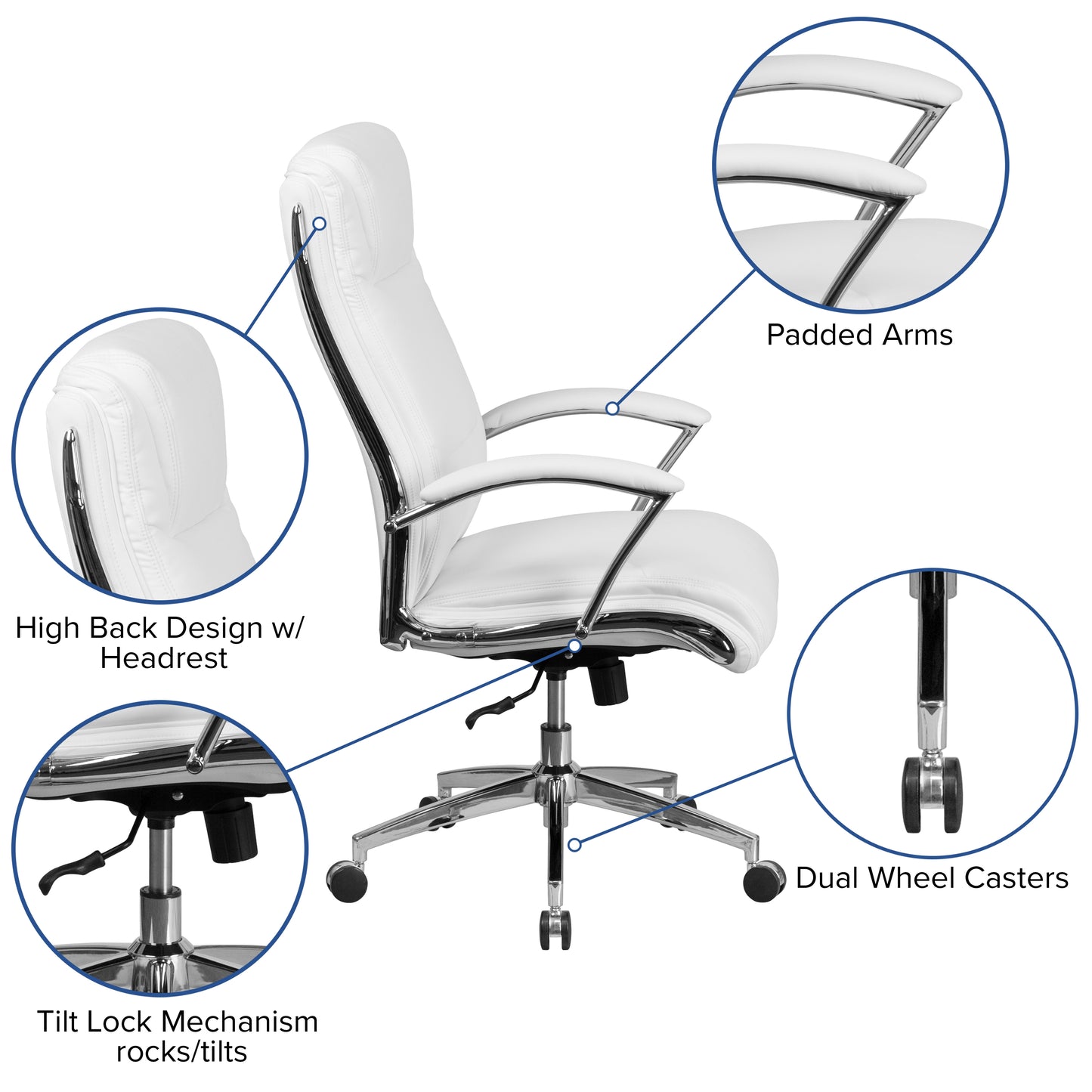 Rebecca High Back Designer White LeatherSoft Smooth Upholstered Executive Swivel Office Chair with Chrome Base and Arms White