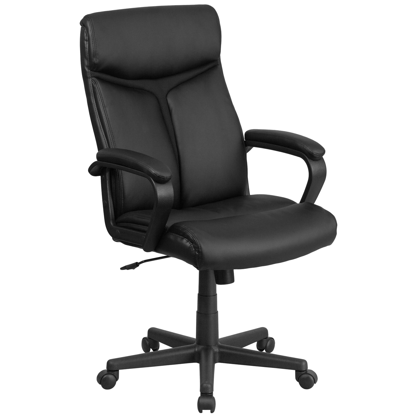 Raya High Back Black LeatherSoft Executive Swivel Office Chair with Slight Mesh Accent and Arms Black