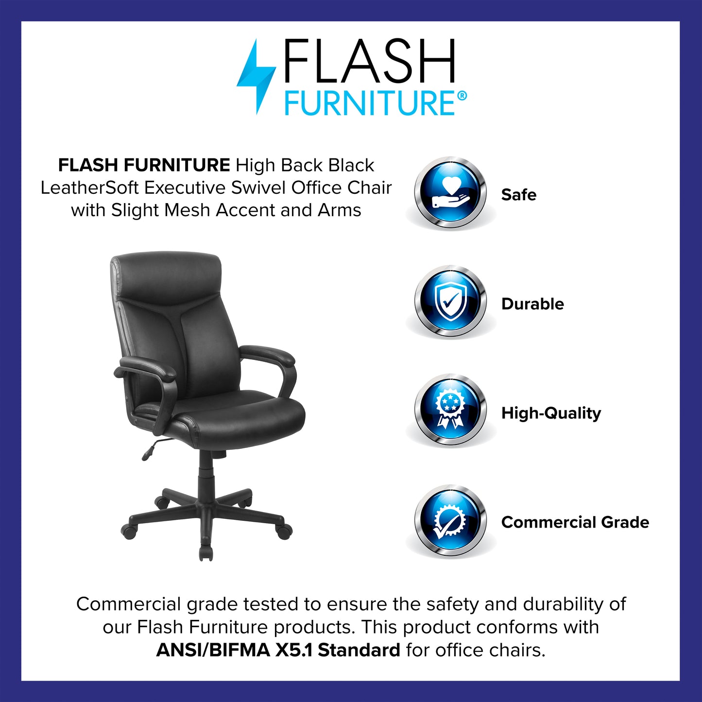 Raya High Back Black LeatherSoft Executive Swivel Office Chair with Slight Mesh Accent and Arms Black