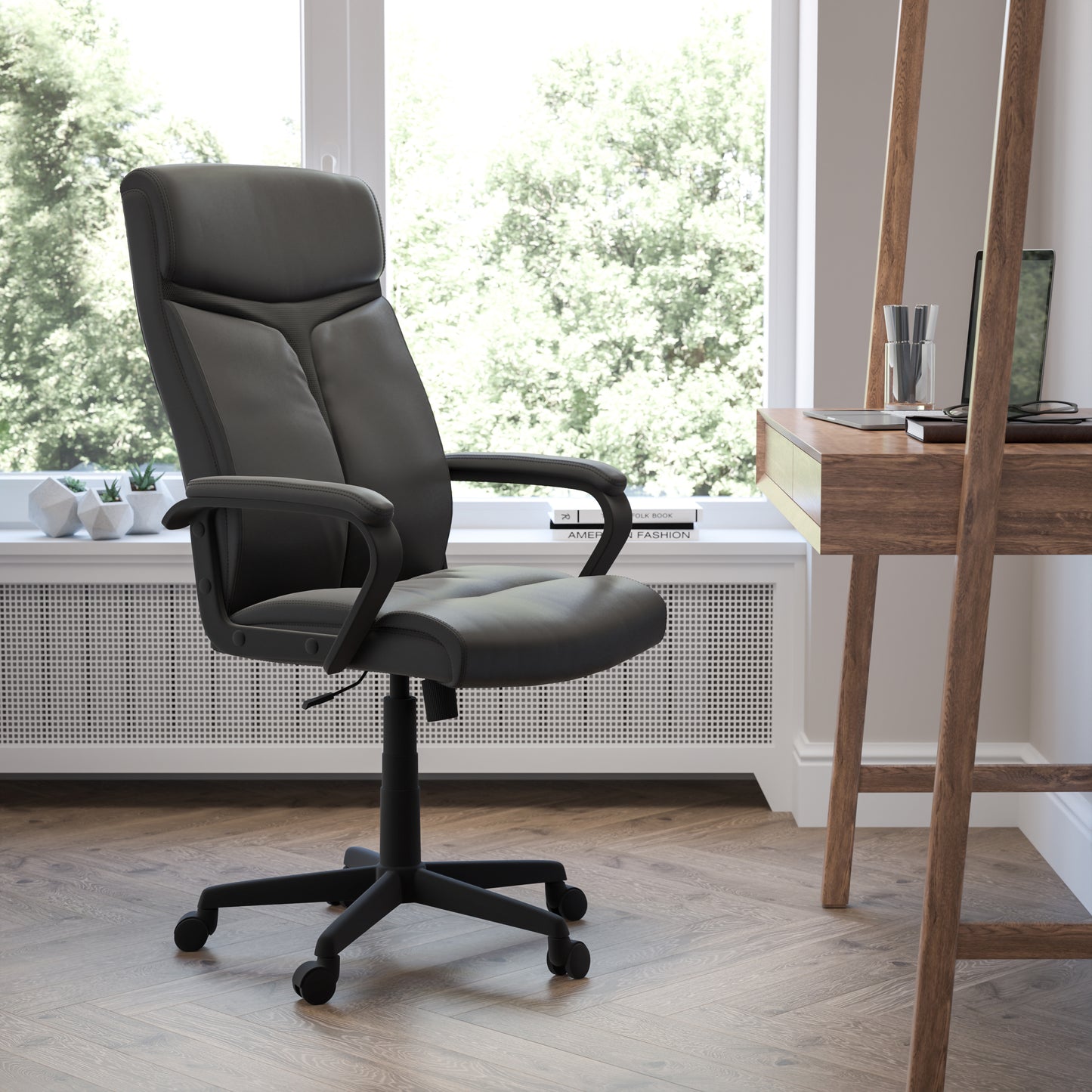 Raya High Back Black LeatherSoft Executive Swivel Office Chair with Slight Mesh Accent and Arms Black