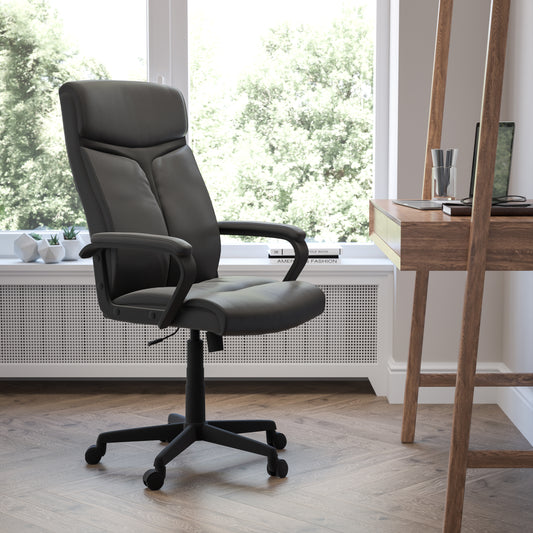 Raya High Back Black LeatherSoft Executive Swivel Office Chair with Slight Mesh Accent and Arms Black GO-2196-1-GG