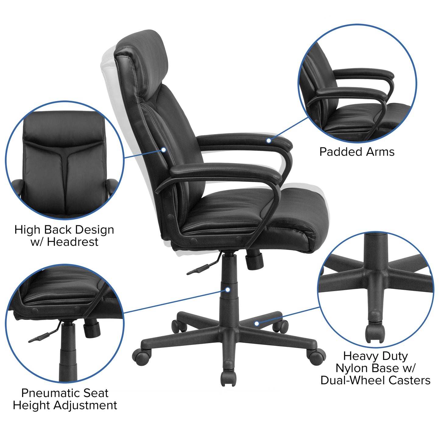 Raya High Back Black LeatherSoft Executive Swivel Office Chair with Slight Mesh Accent and Arms Black