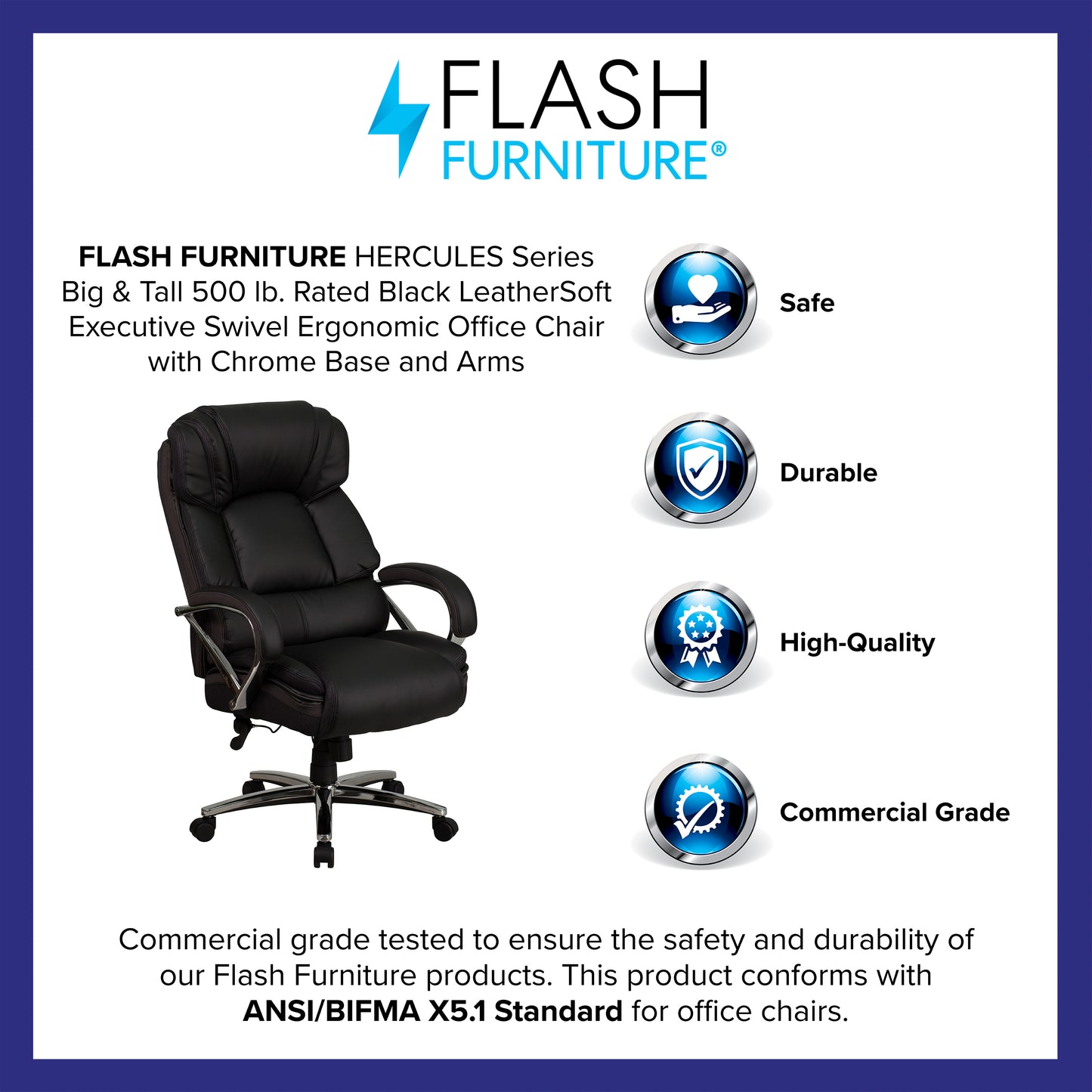 HERCULES Series Big & Tall 500 lb. Rated Black LeatherSoft Executive Swivel Ergonomic Office Chair with Chrome Base and Arms Black