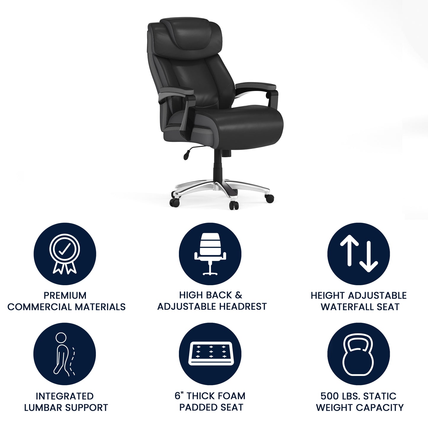 HERCULES Series Big & Tall 500 lb. Rated Black LeatherSoft Executive Swivel Ergonomic Office Chair with Adjustable Headrest Black
