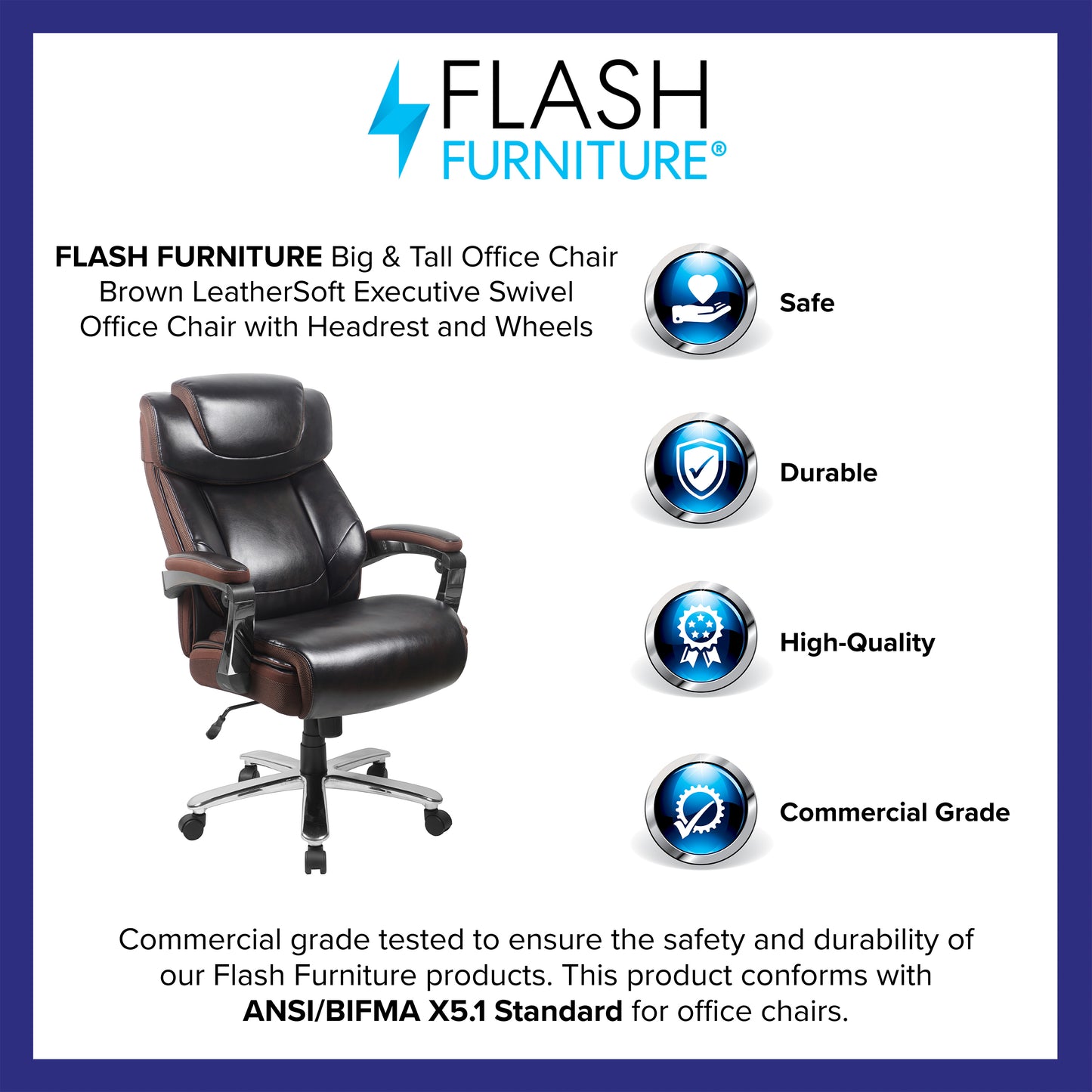 Big & Tall Office Chair | Brown LeatherSoft Executive Swivel Office Chair with Headrest and Wheels Brown