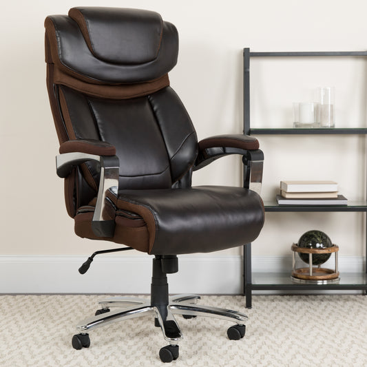 Big & Tall Office Chair | Brown LeatherSoft Executive Swivel Office Chair with Headrest and Wheels Brown GO-2223-BN-GG