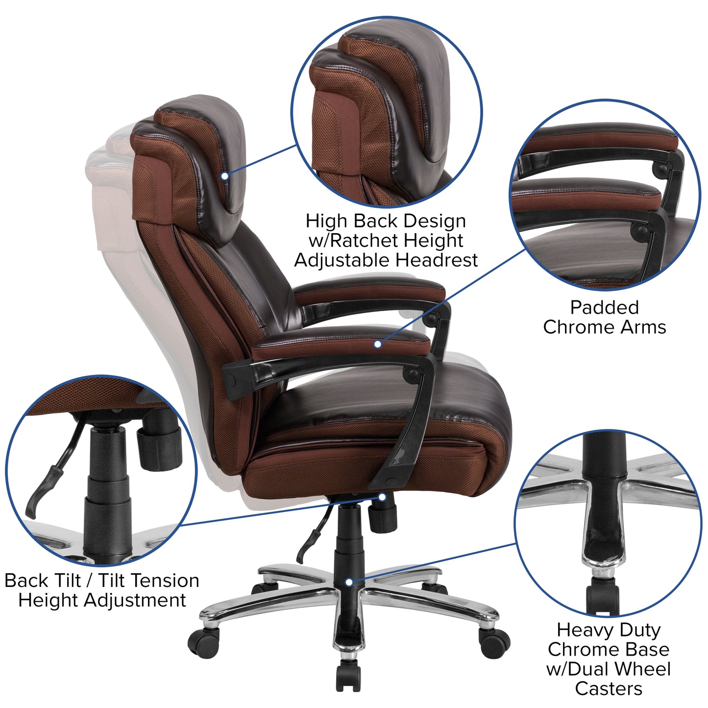 Big & Tall Office Chair | Brown LeatherSoft Executive Swivel Office Chair with Headrest and Wheels Brown