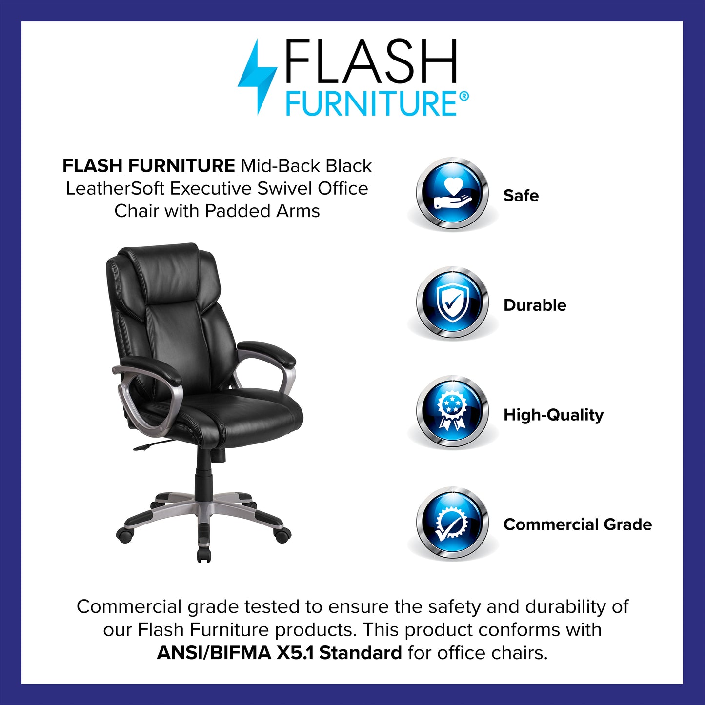 Carolyn Mid-Back Black LeatherSoft Executive Swivel Office Chair with Padded Arms Black