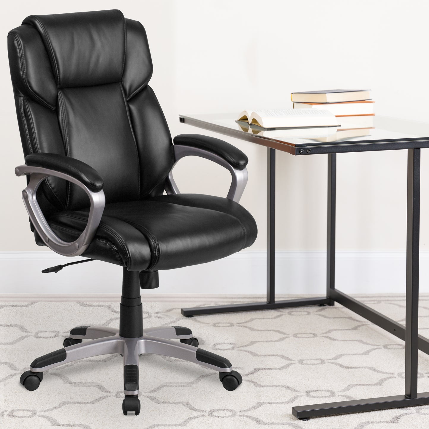Carolyn Mid-Back Black LeatherSoft Executive Swivel Office Chair with Padded Arms Black