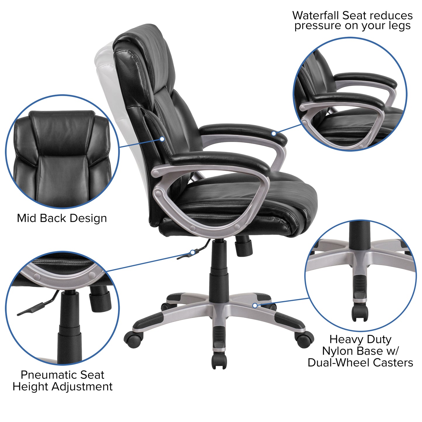 Carolyn Mid-Back Black LeatherSoft Executive Swivel Office Chair with Padded Arms Black