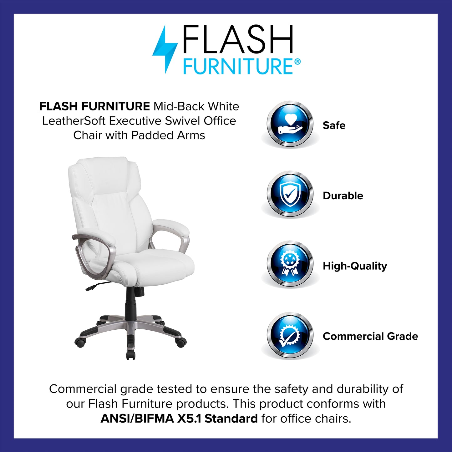 Carolyn Mid-Back White LeatherSoft Executive Swivel Office Chair with Padded Arms White