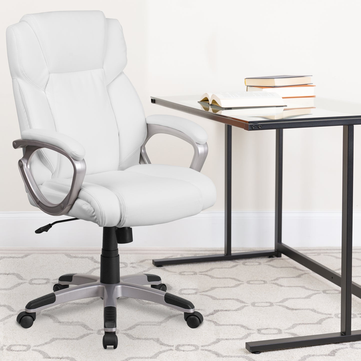 Carolyn Mid-Back White LeatherSoft Executive Swivel Office Chair with Padded Arms White