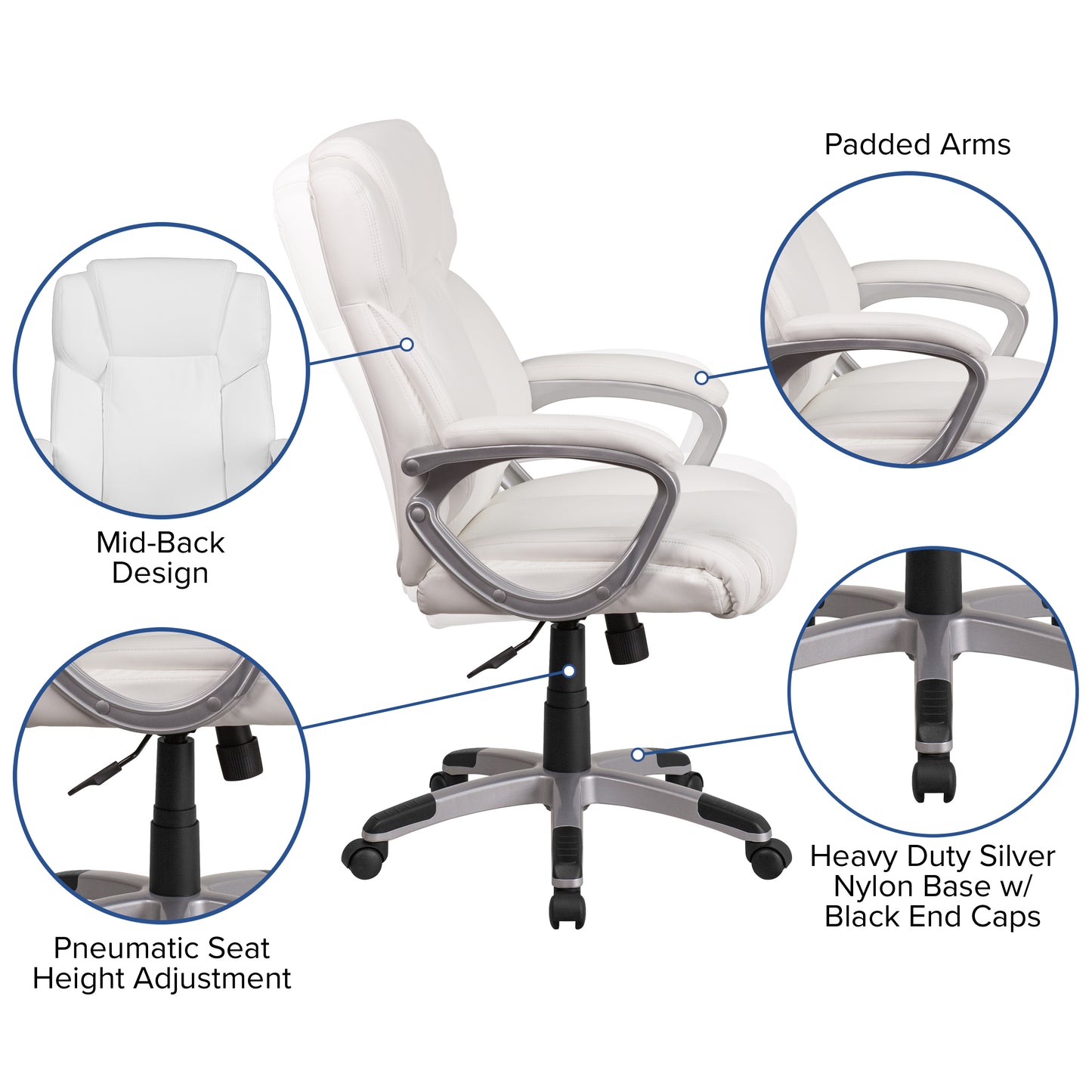 Carolyn Mid-Back White LeatherSoft Executive Swivel Office Chair with Padded Arms White