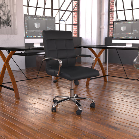 Vivian Mid-Back Black Vinyl Executive Swivel Office Chair with Chrome Base and Arms Black GO-2240-BK-GG