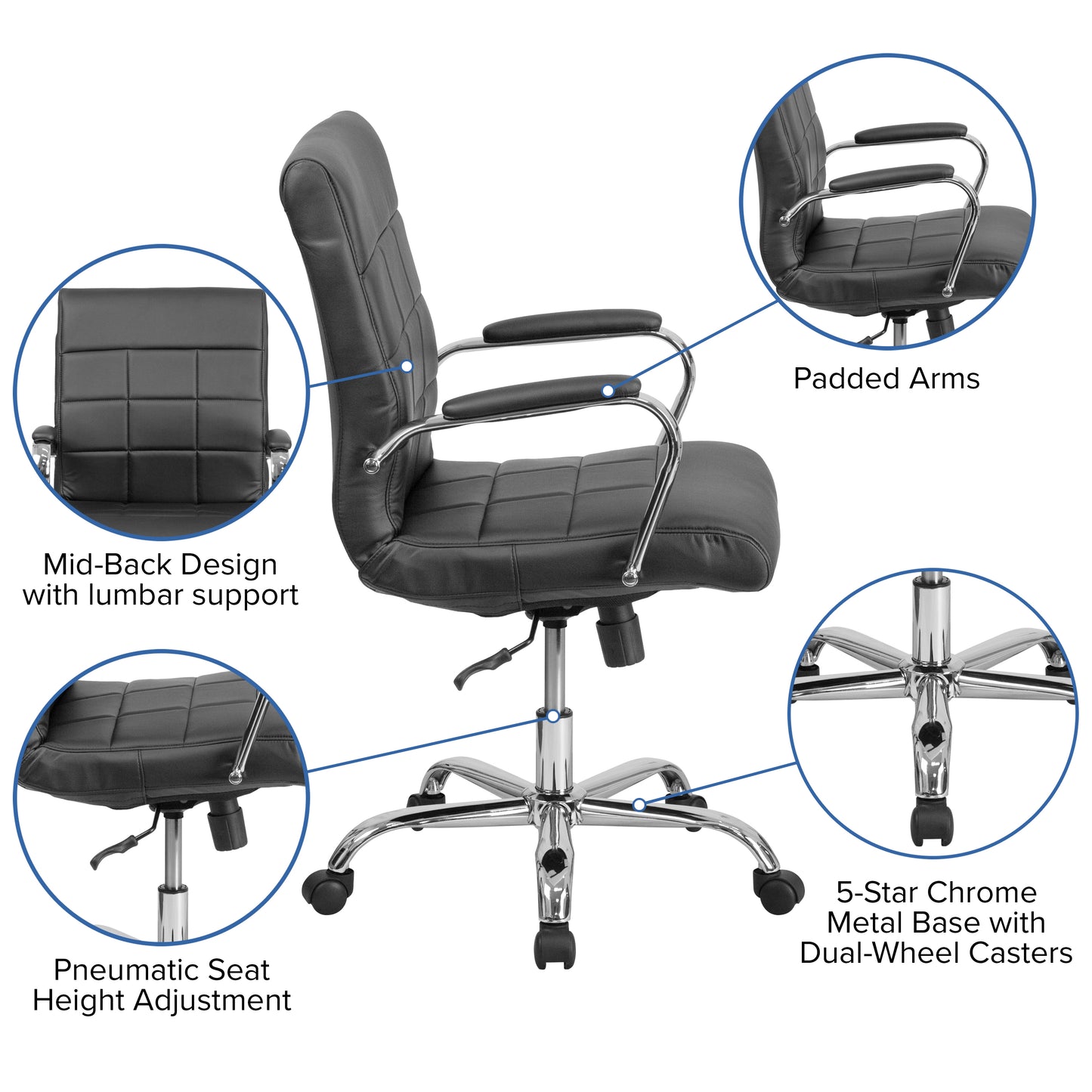 Vivian Mid-Back Black Vinyl Executive Swivel Office Chair with Chrome Base and Arms Black