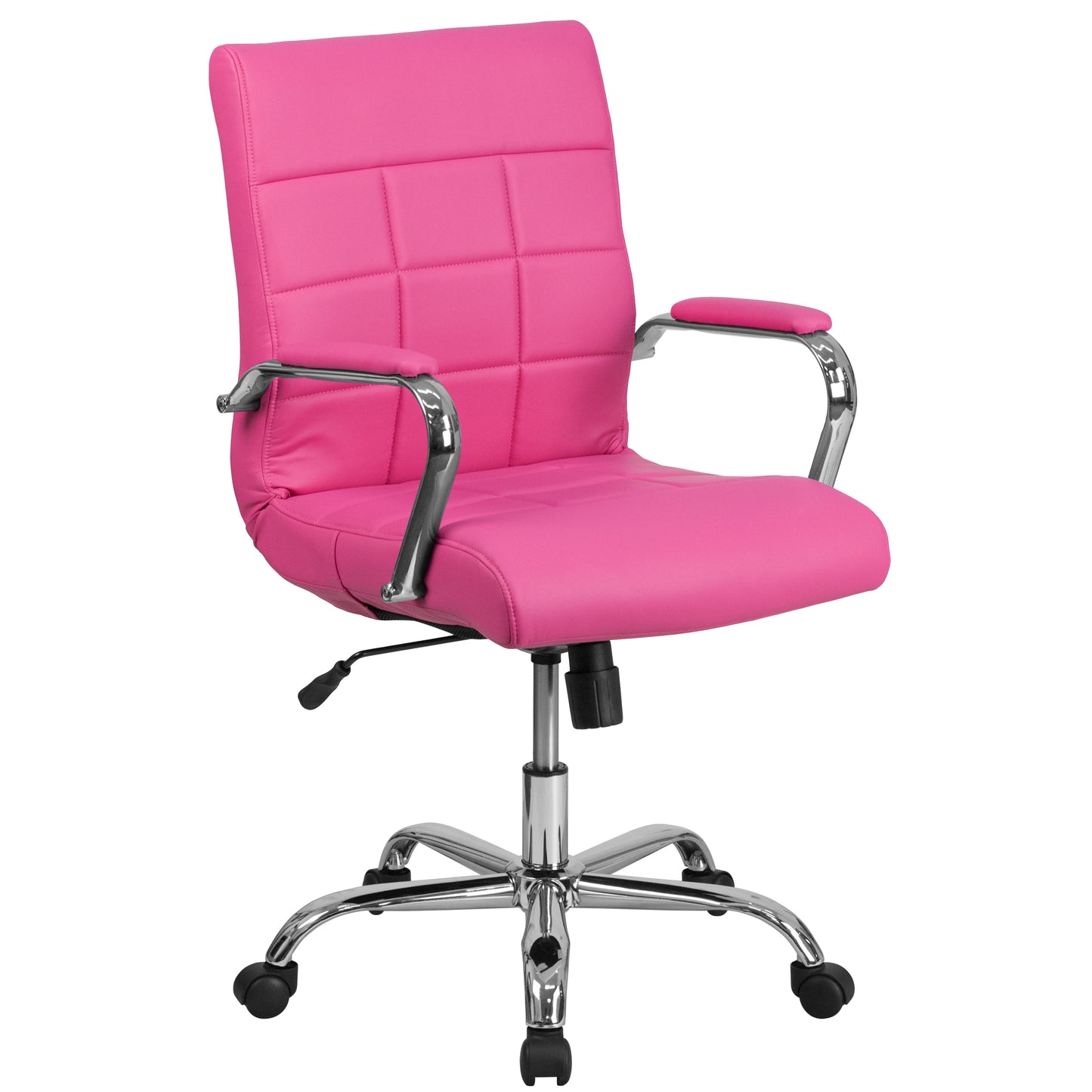Vivian Mid-Back Pink Vinyl Executive Swivel Office Chair with Chrome Base and Arms Pink