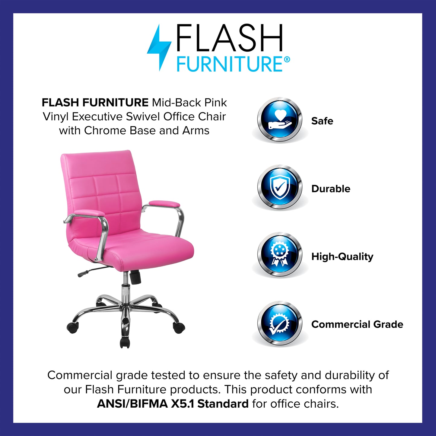 Vivian Mid-Back Pink Vinyl Executive Swivel Office Chair with Chrome Base and Arms Pink