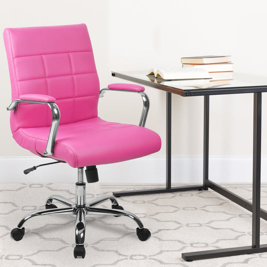 Vivian Mid-Back Pink Vinyl Executive Swivel Office Chair with Chrome Base and Arms Pink GO-2240-PK-GG