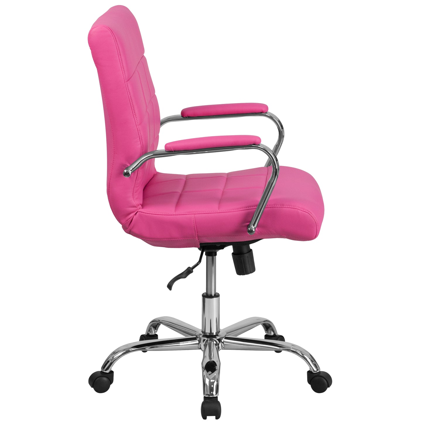 Vivian Mid-Back Pink Vinyl Executive Swivel Office Chair with Chrome Base and Arms Pink