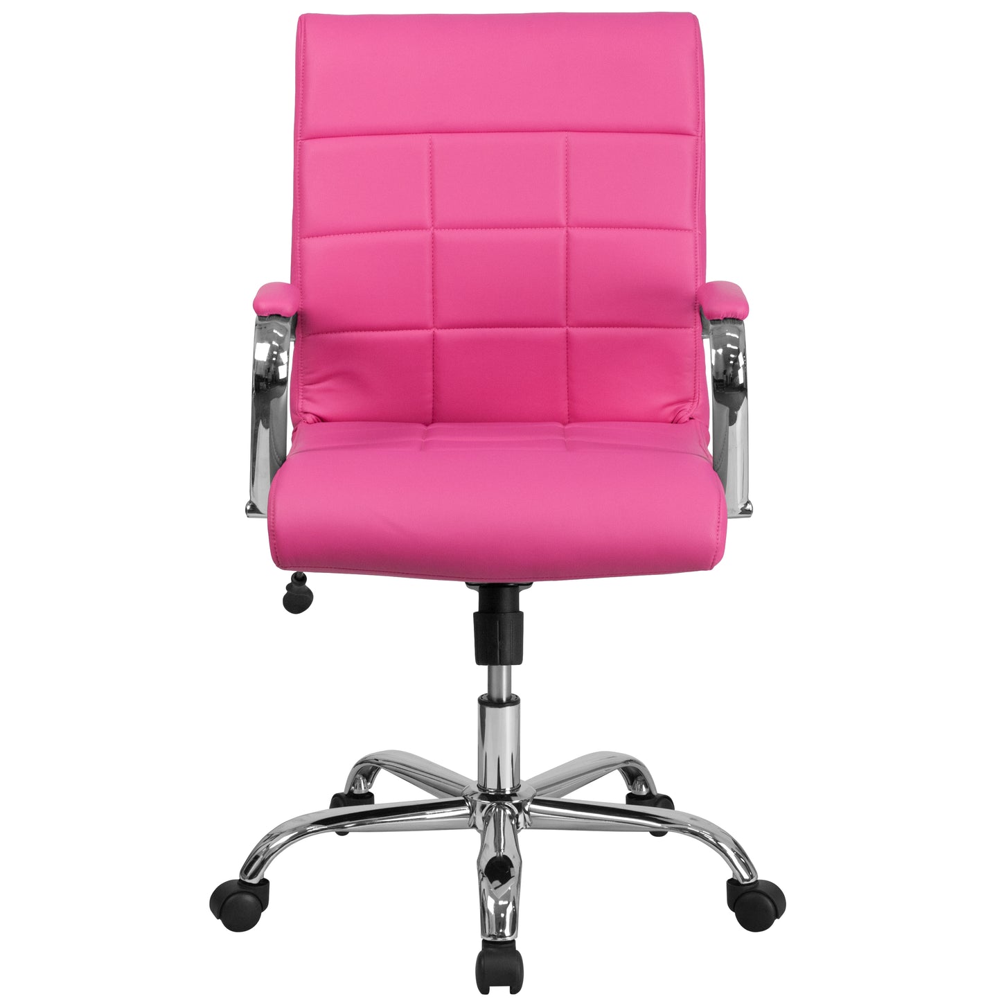 Vivian Mid-Back Pink Vinyl Executive Swivel Office Chair with Chrome Base and Arms Pink