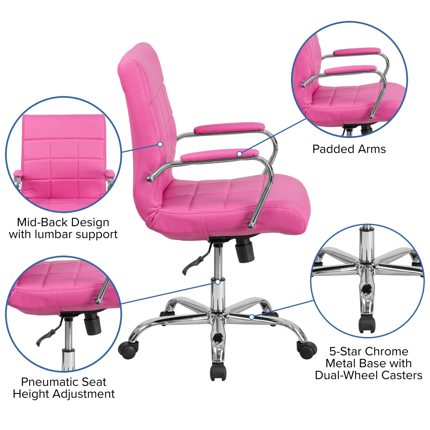 Vivian Mid-Back Pink Vinyl Executive Swivel Office Chair with Chrome Base and Arms Pink