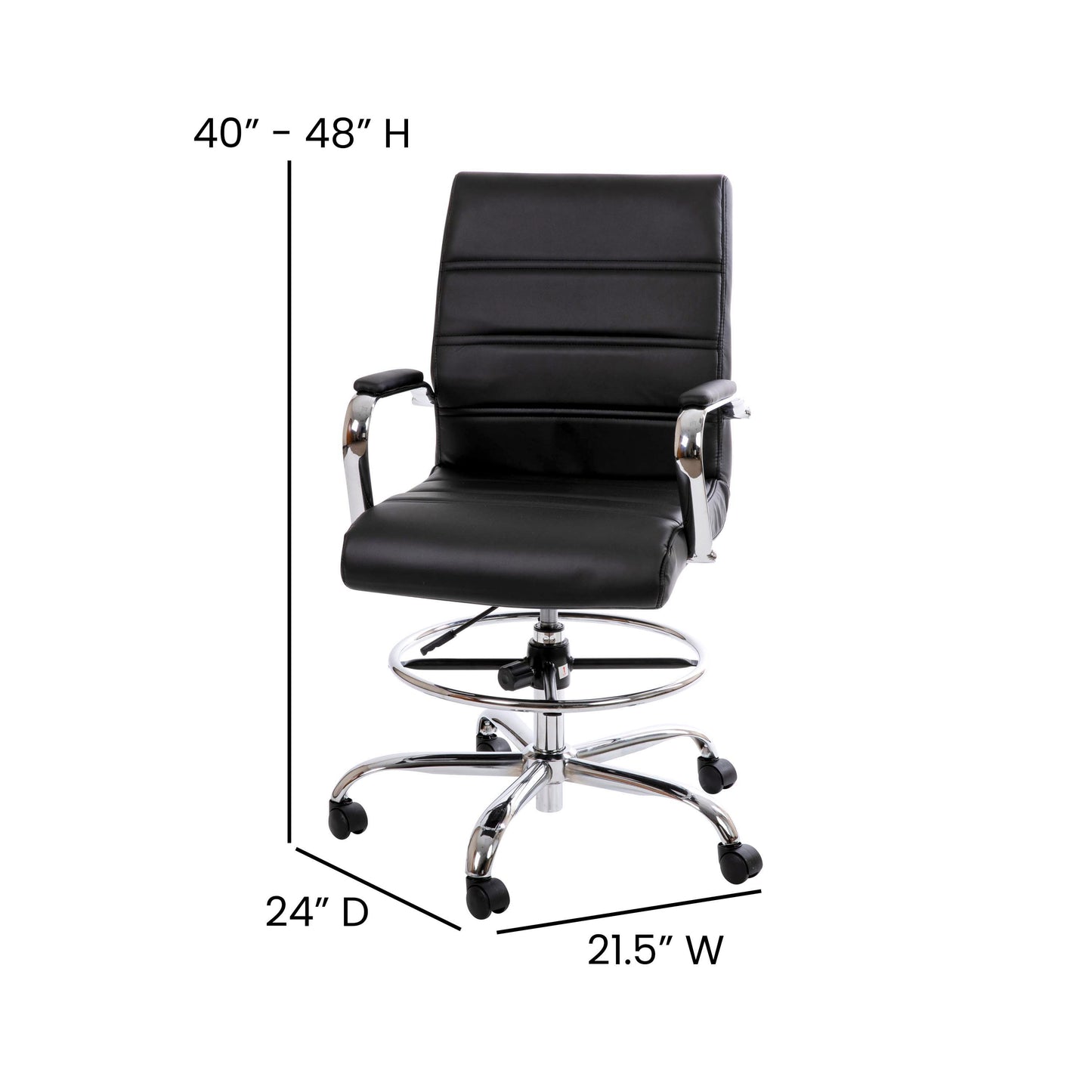 Whitney Mid-Back Black LeatherSoft Drafting Chair with Adjustable Foot Ring and Chrome Base Black