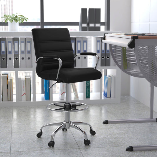 Whitney Mid-Back Black LeatherSoft Drafting Chair with Adjustable Foot Ring and Chrome Base Black GO-2286B-BK-GG