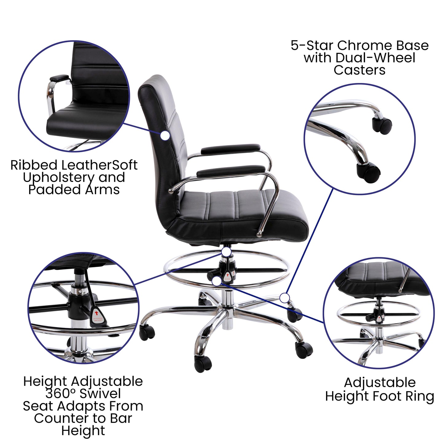 Whitney Mid-Back Black LeatherSoft Drafting Chair with Adjustable Foot Ring and Chrome Base Black