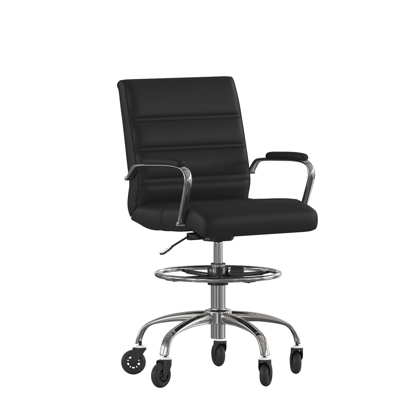 Lexi Mid-Back Black LeatherSoft Drafting Chair with Adjustable Foot Ring, Chrome Base, and Transparent Roller Wheels Black GO-2286B-BK-RLB-GG