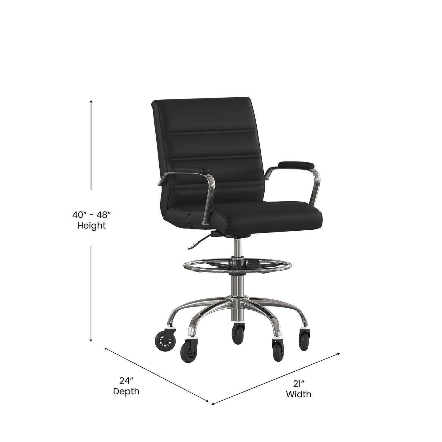 Lexi Mid-Back Black LeatherSoft Drafting Chair with Adjustable Foot Ring, Chrome Base, and Transparent Roller Wheels Black GO-2286B-BK-RLB-GG