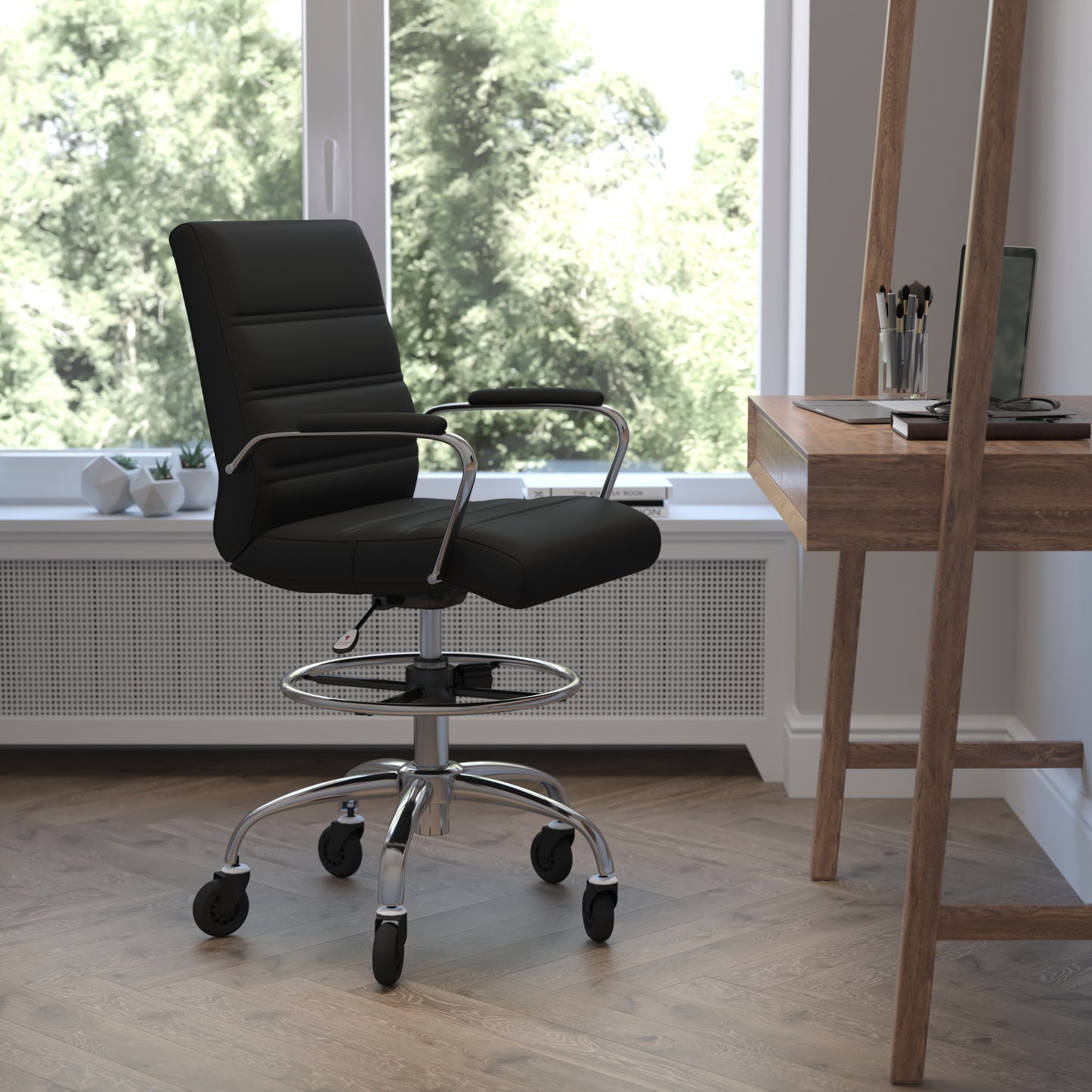 Lexi Mid-Back Black LeatherSoft Drafting Chair with Adjustable Foot Ring, Chrome Base, and Transparent Roller Wheels Black GO-2286B-BK-RLB-GG