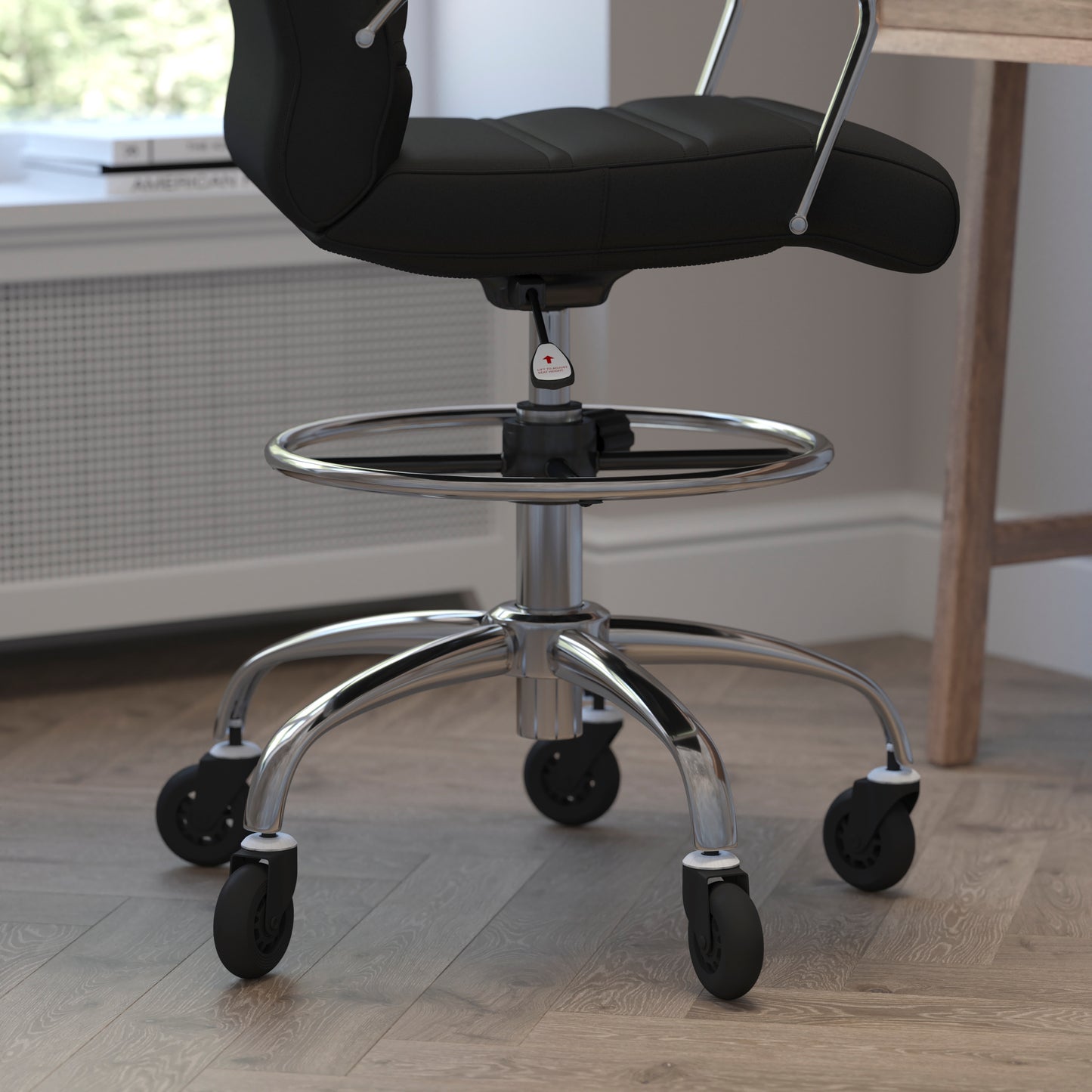 Lexi Mid-Back Black LeatherSoft Drafting Chair with Adjustable Foot Ring, Chrome Base, and Transparent Roller Wheels Black GO-2286B-BK-RLB-GG