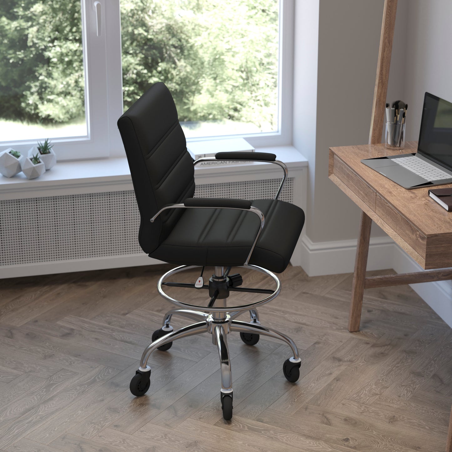 Lexi Mid-Back Black LeatherSoft Drafting Chair with Adjustable Foot Ring, Chrome Base, and Transparent Roller Wheels Black GO-2286B-BK-RLB-GG