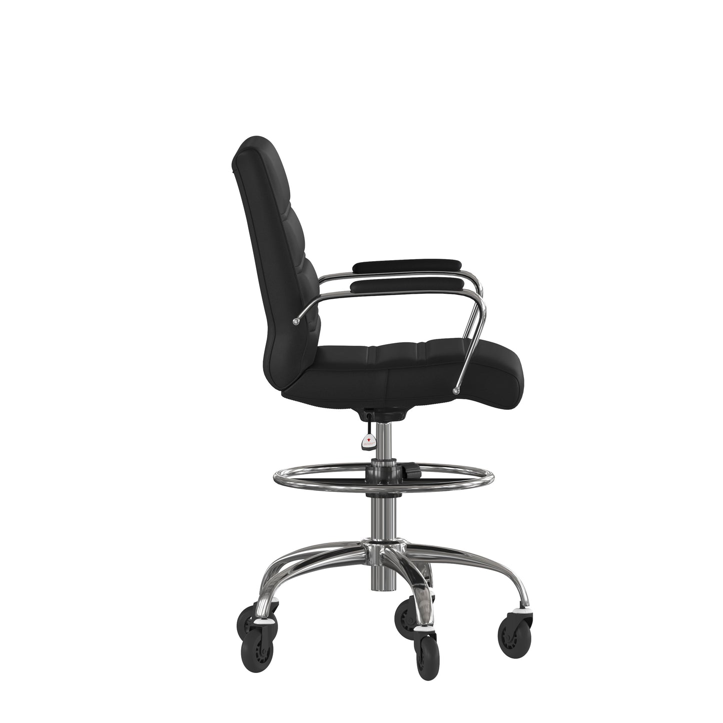 Lexi Mid-Back Black LeatherSoft Drafting Chair with Adjustable Foot Ring, Chrome Base, and Transparent Roller Wheels Black GO-2286B-BK-RLB-GG