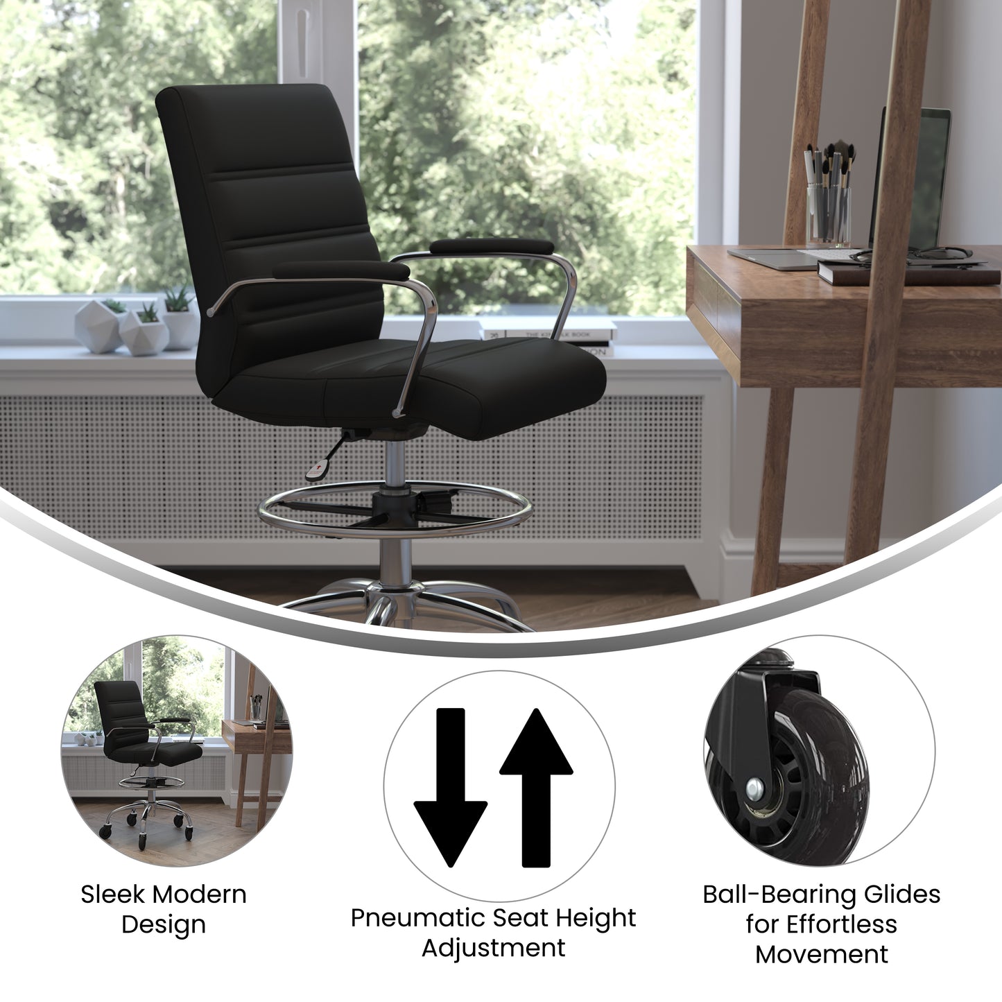 Lexi Mid-Back Black LeatherSoft Drafting Chair with Adjustable Foot Ring, Chrome Base, and Transparent Roller Wheels Black GO-2286B-BK-RLB-GG