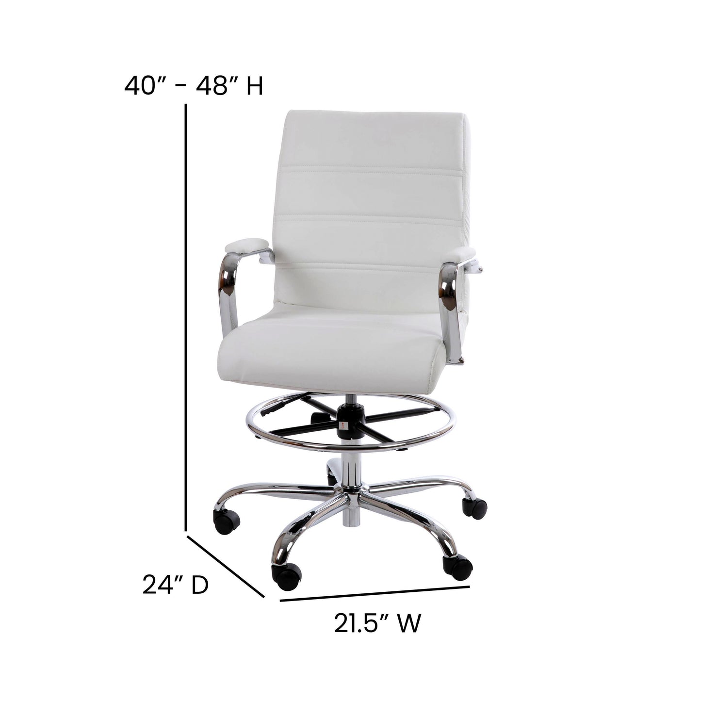 Whitney Mid-Back White LeatherSoft Drafting Chair with Adjustable Foot Ring and Chrome Base White