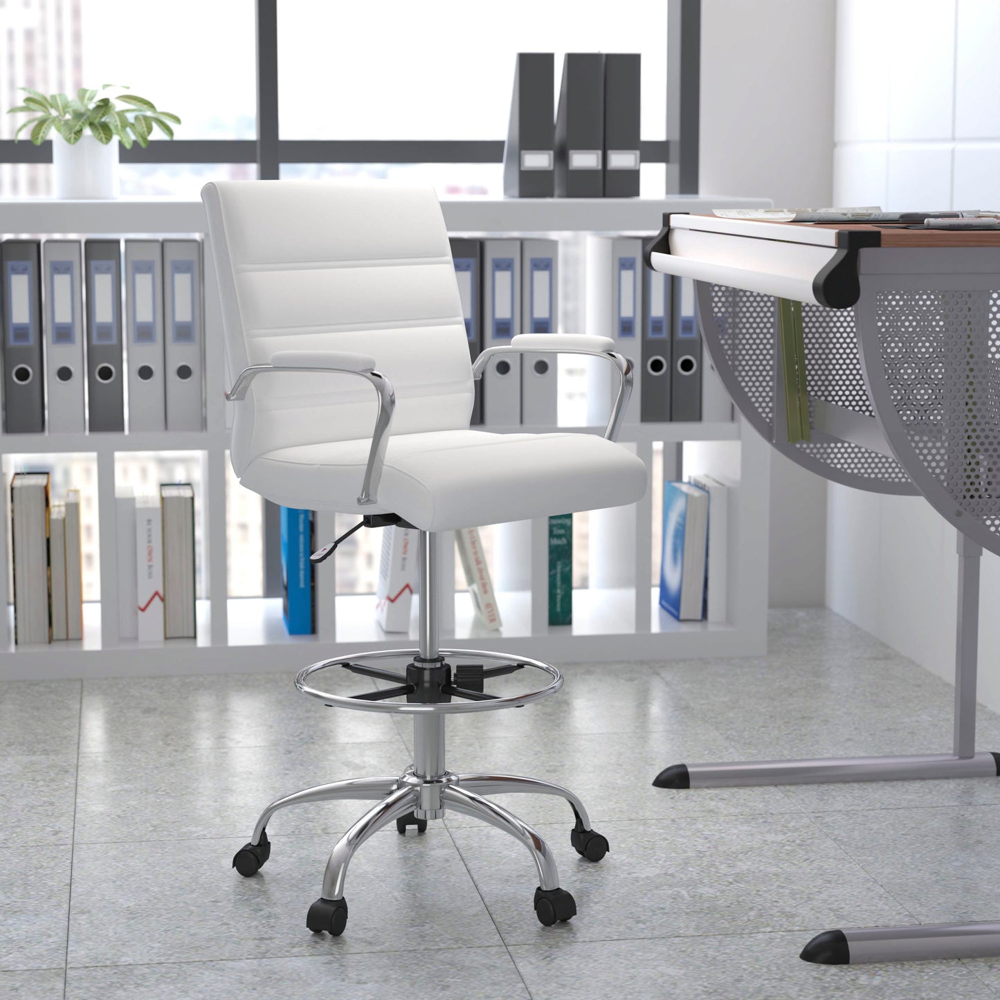Whitney Mid-Back White LeatherSoft Drafting Chair with Adjustable Foot Ring and Chrome Base White