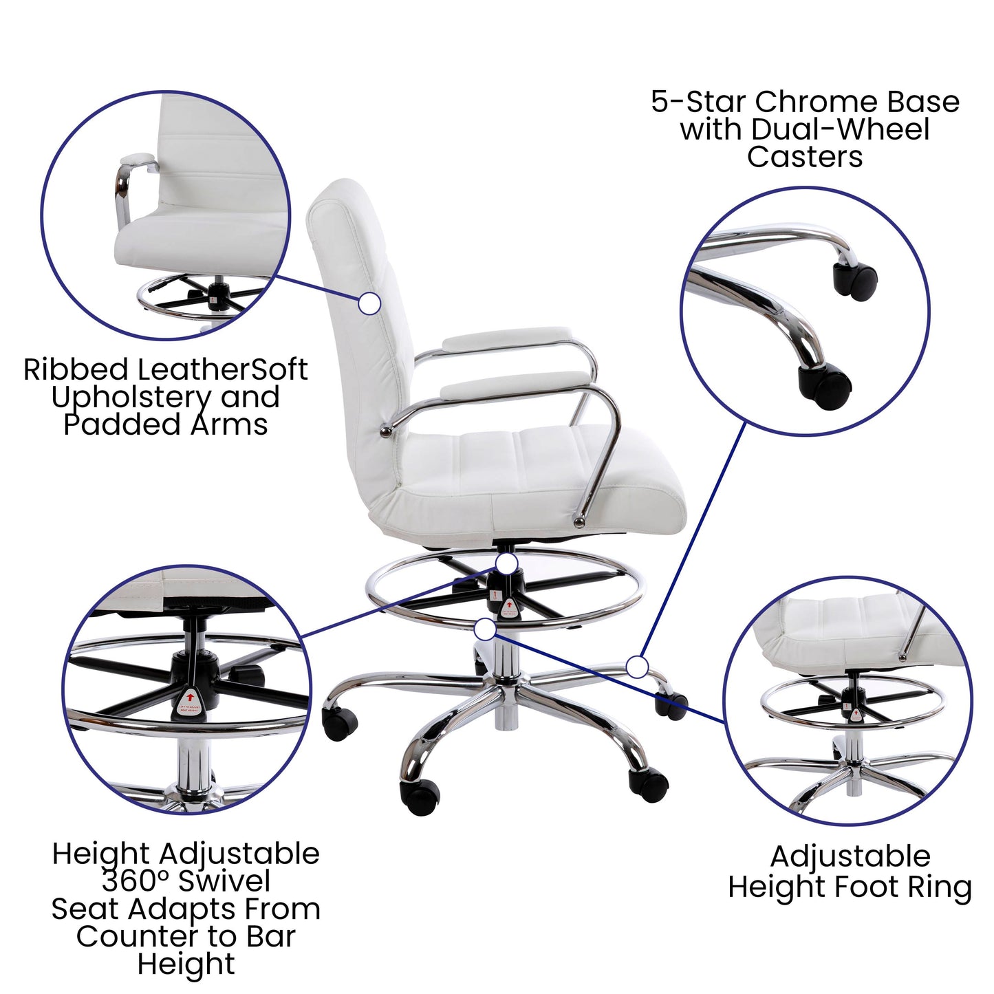 Whitney Mid-Back White LeatherSoft Drafting Chair with Adjustable Foot Ring and Chrome Base White