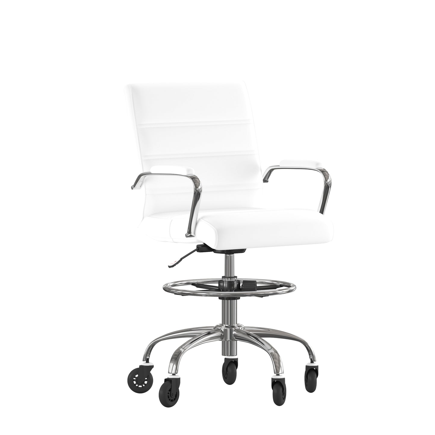 Lexi Mid-Back White LeatherSoft Drafting Chair with Adjustable Foot Ring, Chrome Base, and Transparent Roller Wheels White