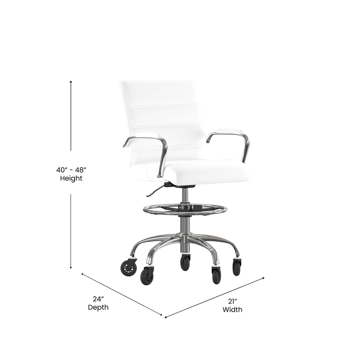 Lexi Mid-Back White LeatherSoft Drafting Chair with Adjustable Foot Ring, Chrome Base, and Transparent Roller Wheels White
