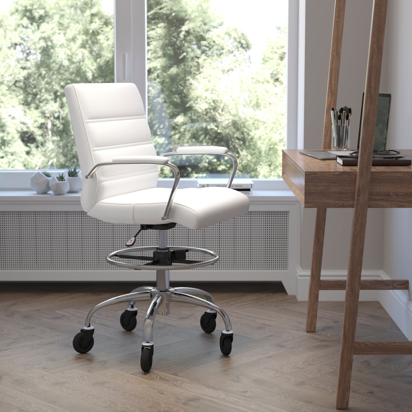 Lexi Mid-Back White LeatherSoft Drafting Chair with Adjustable Foot Ring, Chrome Base, and Transparent Roller Wheels White