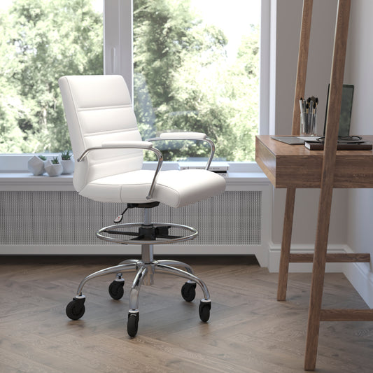 Lexi Mid-Back White LeatherSoft Drafting Chair with Adjustable Foot Ring, Chrome Base, and Transparent Roller Wheels White