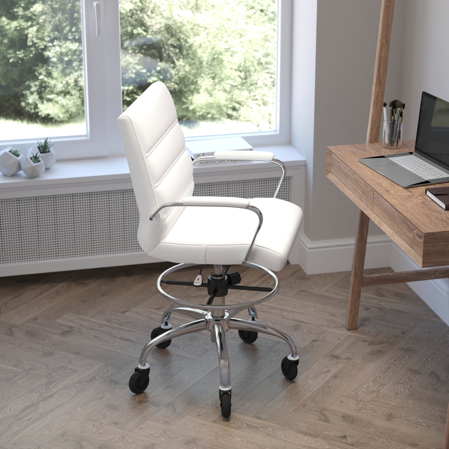 Lexi Mid-Back White LeatherSoft Drafting Chair with Adjustable Foot Ring, Chrome Base, and Transparent Roller Wheels White