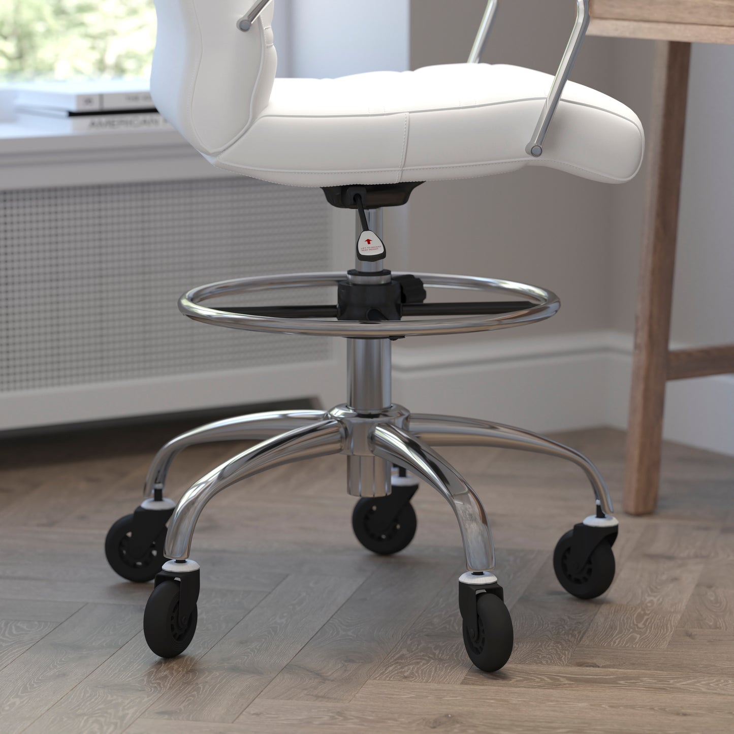Lexi Mid-Back White LeatherSoft Drafting Chair with Adjustable Foot Ring, Chrome Base, and Transparent Roller Wheels White