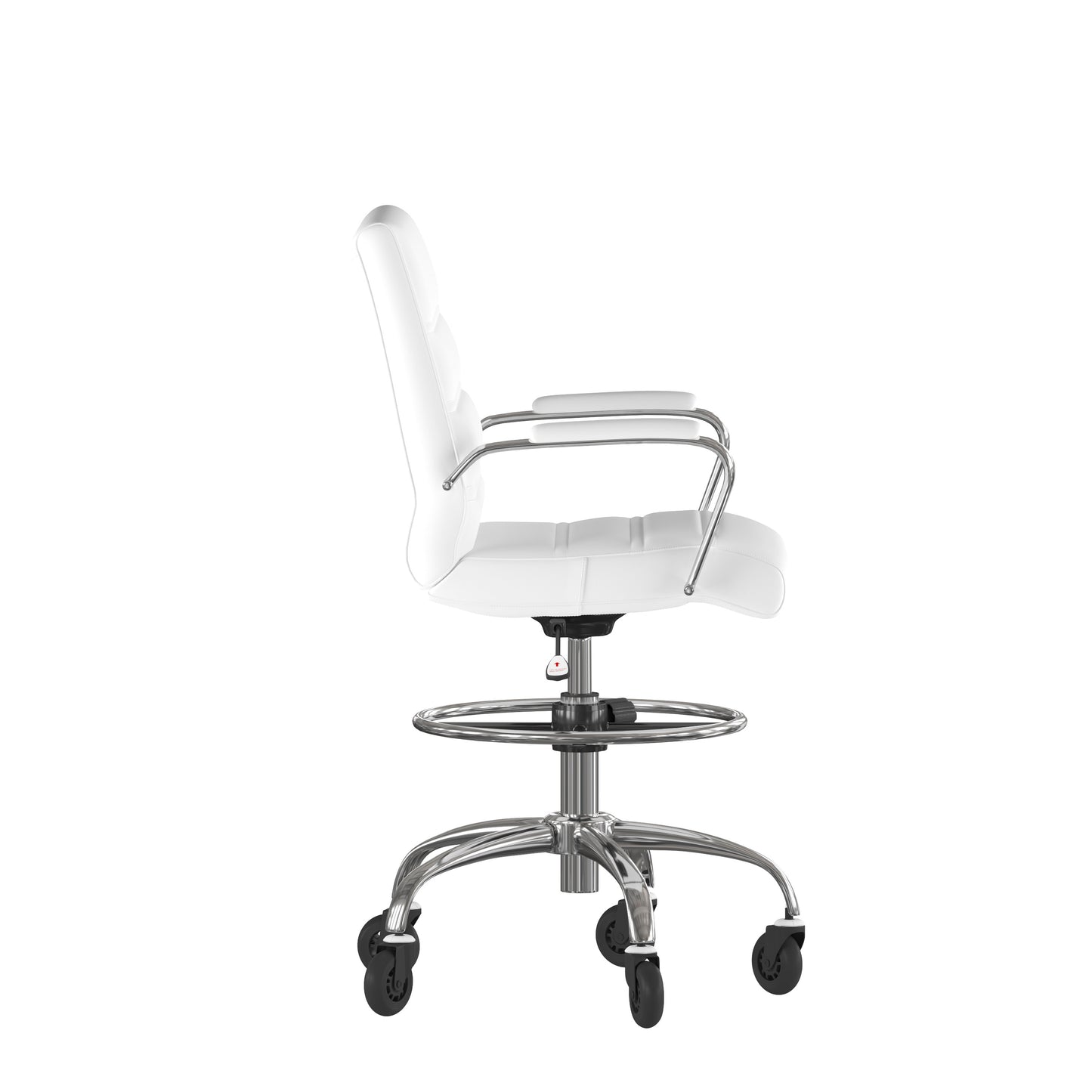 Lexi Mid-Back White LeatherSoft Drafting Chair with Adjustable Foot Ring, Chrome Base, and Transparent Roller Wheels White