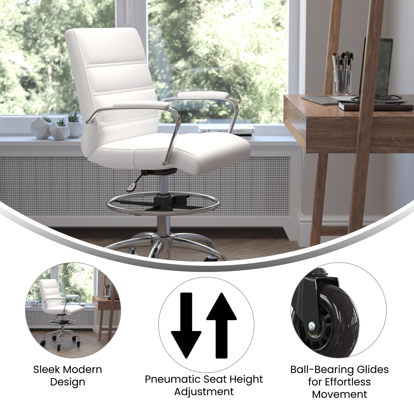 Lexi Mid-Back White LeatherSoft Drafting Chair with Adjustable Foot Ring, Chrome Base, and Transparent Roller Wheels White