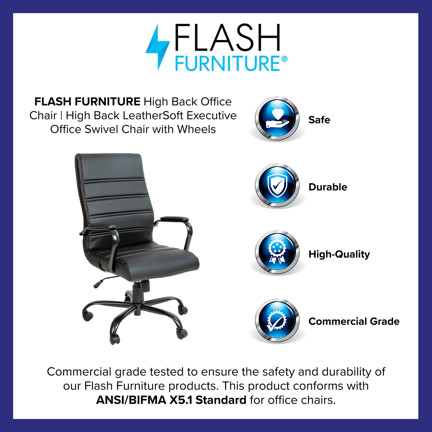 Whitney High Back Black LeatherSoft Executive Swivel Office Chair with Black Frame and Arms Black LeatherSoft/Black Frame