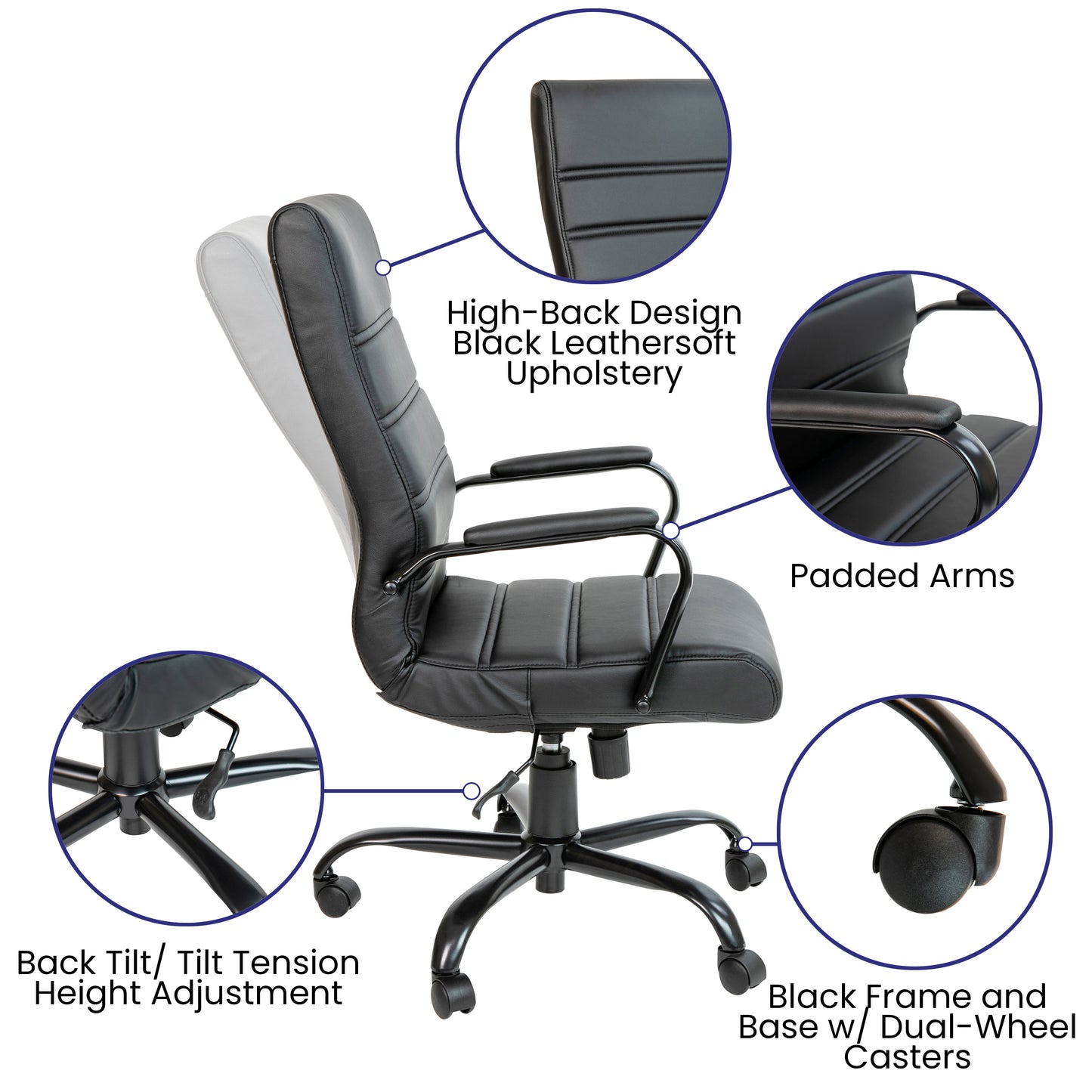 Whitney High Back Black LeatherSoft Executive Swivel Office Chair with Black Frame and Arms Black LeatherSoft/Black Frame
