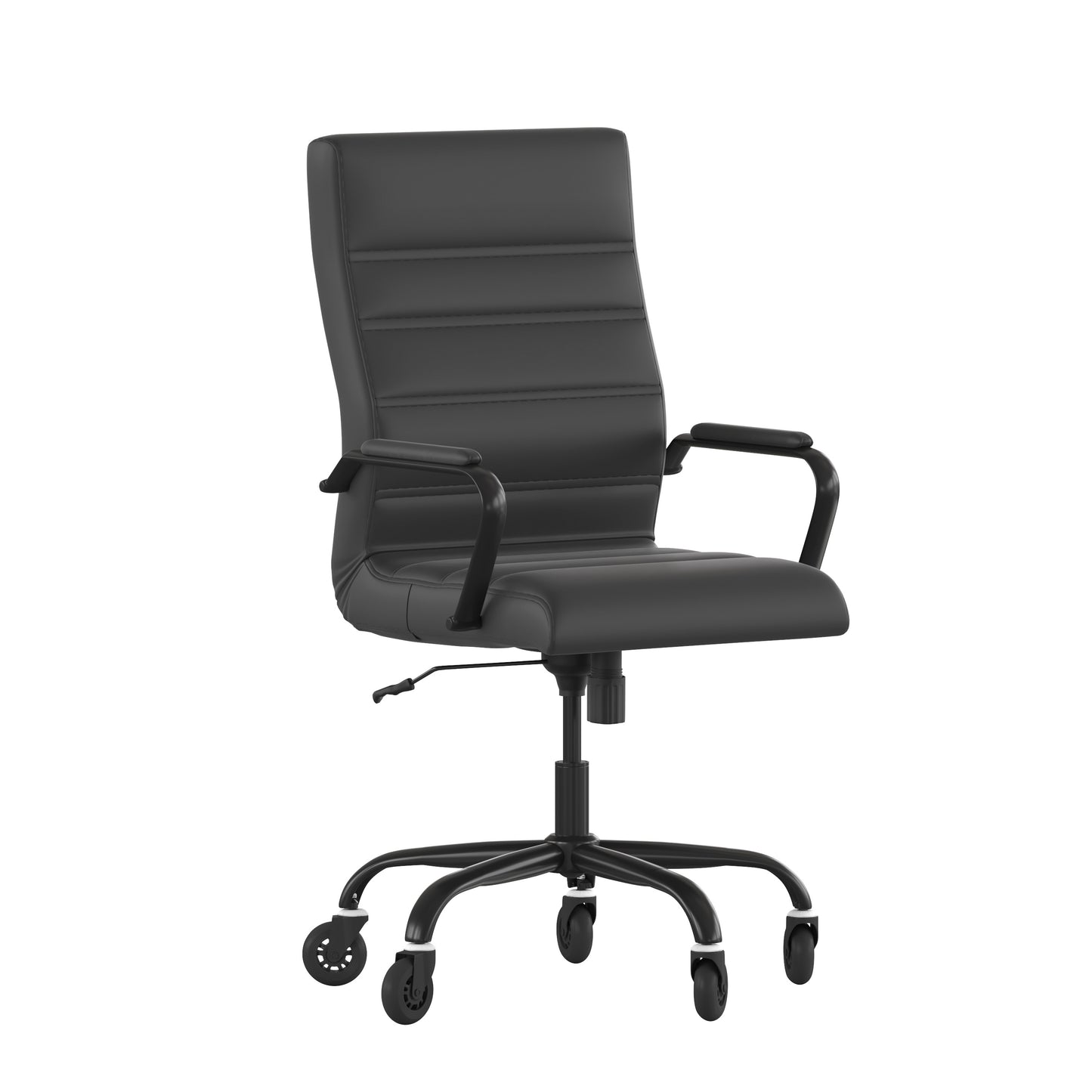 Whitney High Back Black LeatherSoft Executive Swivel Office Chair with Black Frame, Arms, and Transparent Roller Wheels Black LeatherSoft/Black Frame